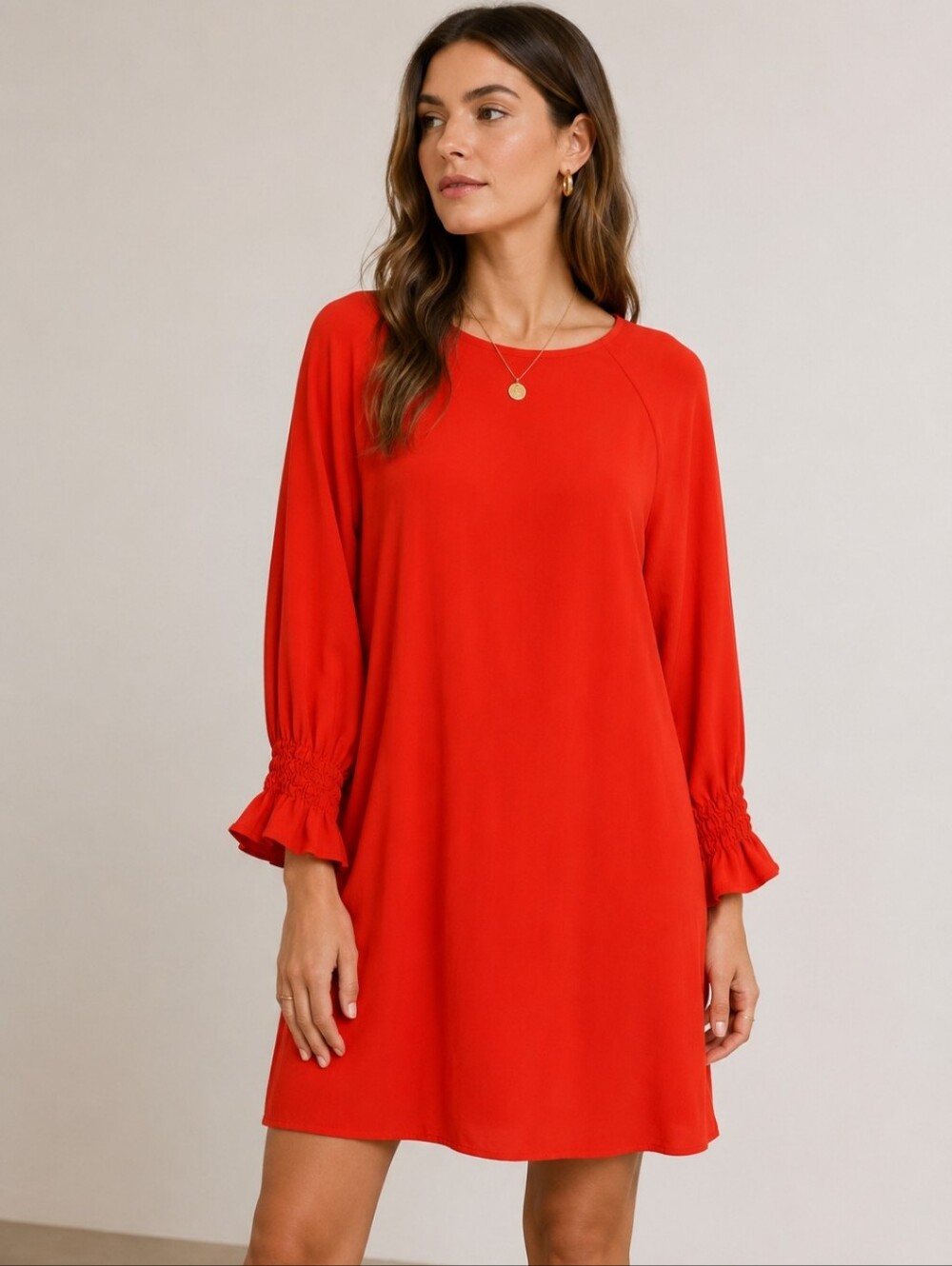 Maje Paris Red Orange Shift Dress Long Sleeve Smocked Cuff Mini Dress Size S